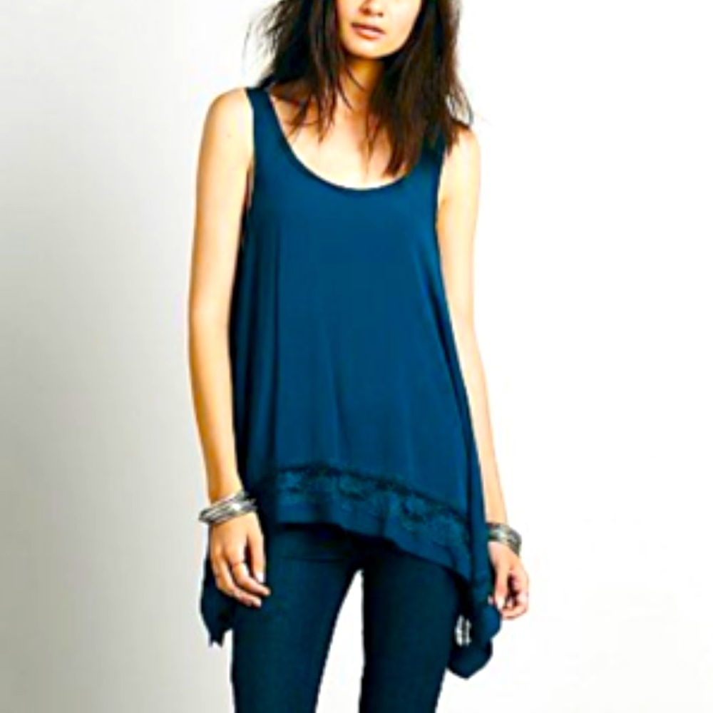 Free People Blue Hi-Low Lace Trim Cami Tank Top Elena Gilbert Vampire Diaries